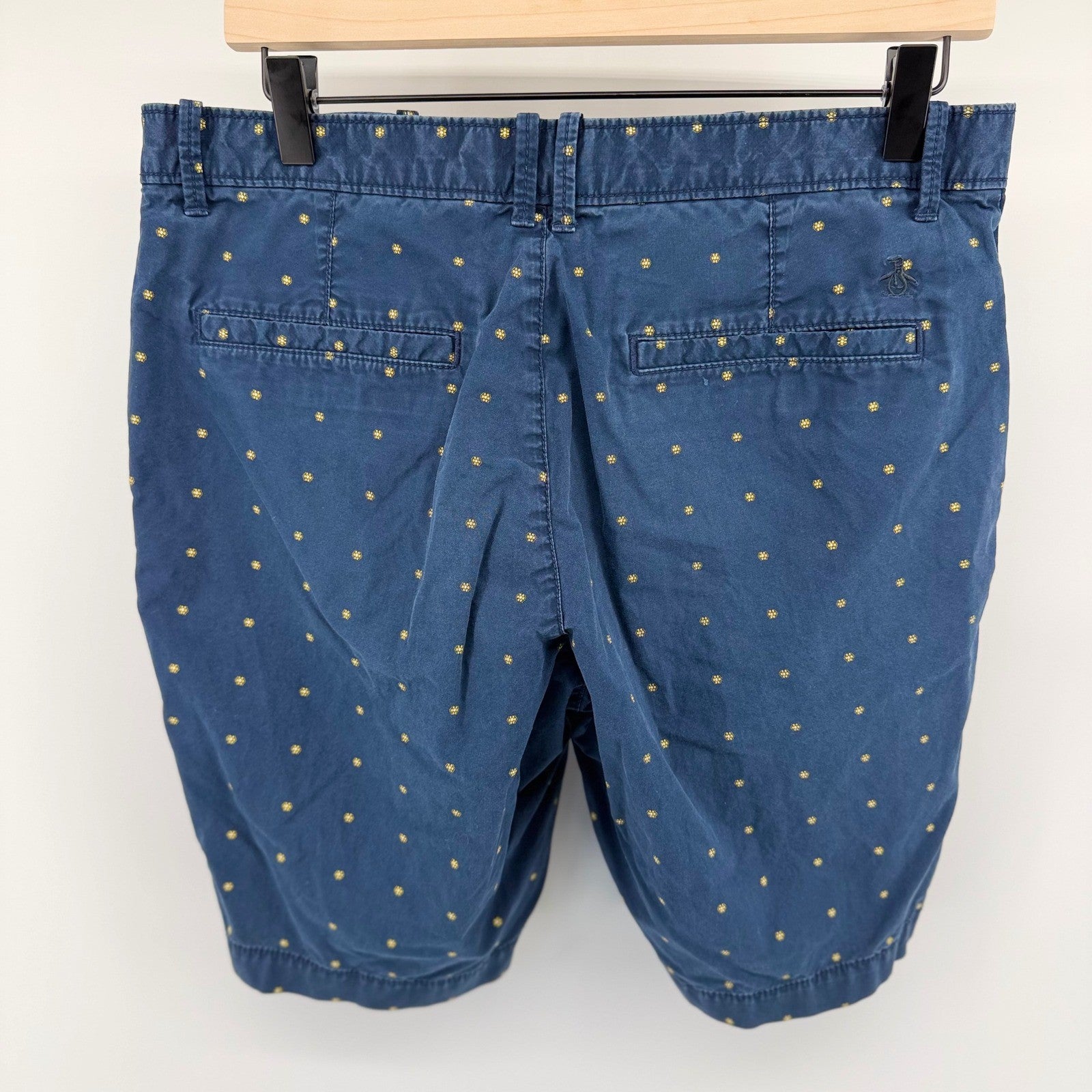 Original Penguin Chino Shorts Navy Blue Embroidered Micro Pattern 31 Mens Cotton