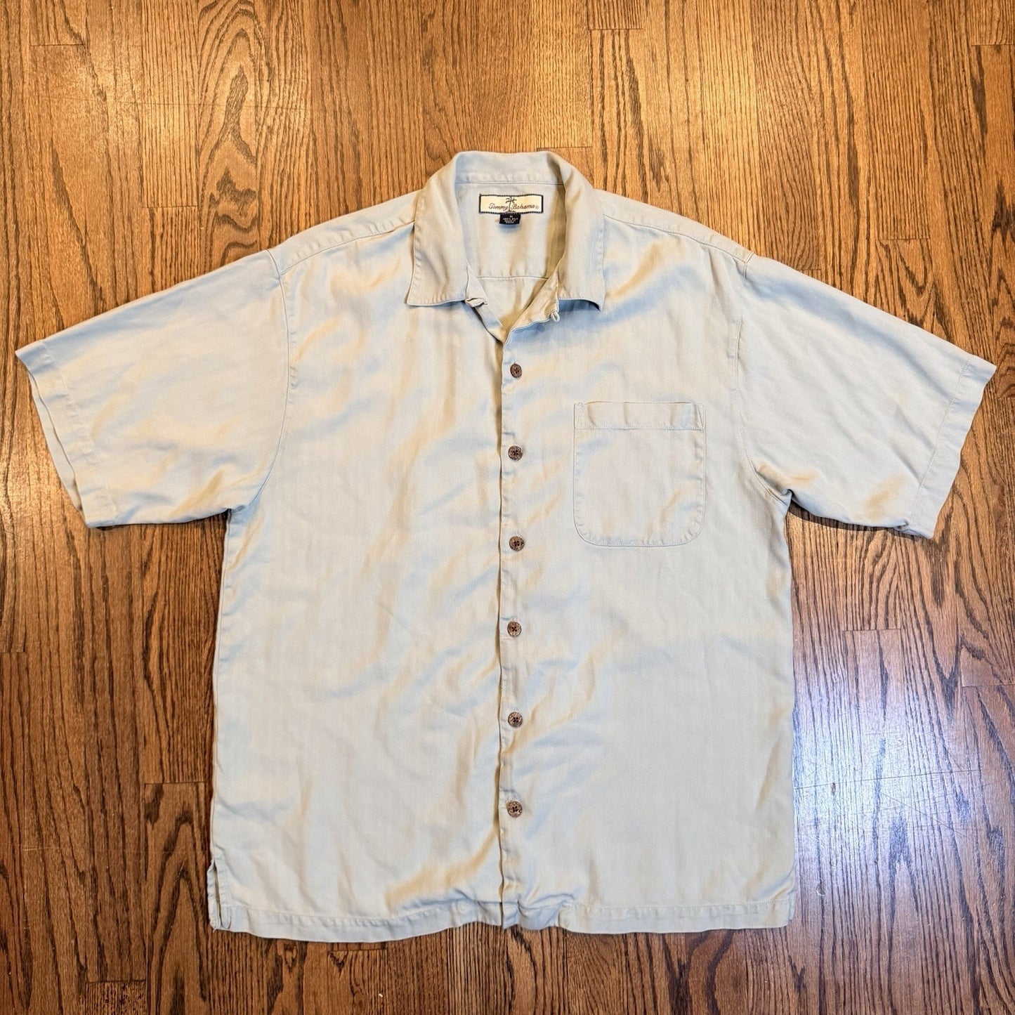 Tommy Bahama Silk Herringbone Shirt M Sage Green Short Sleeve Wood Button Down