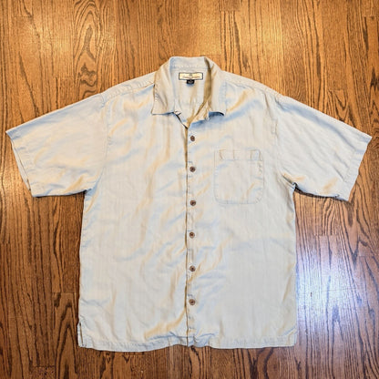 Tommy Bahama Silk Herringbone Shirt M Sage Green Short Sleeve Wood Button Down