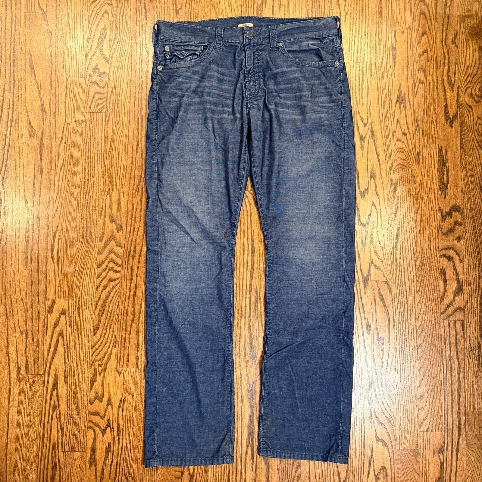 True Religion Ricky Relaxed Straight Cord Pants 36 Blue Horseshoe Flap Pocket