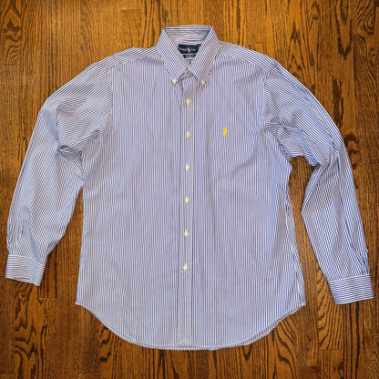 Ralph Lauren Classic Fit Striped Button Down Shirt 16 L Blue White Stripe