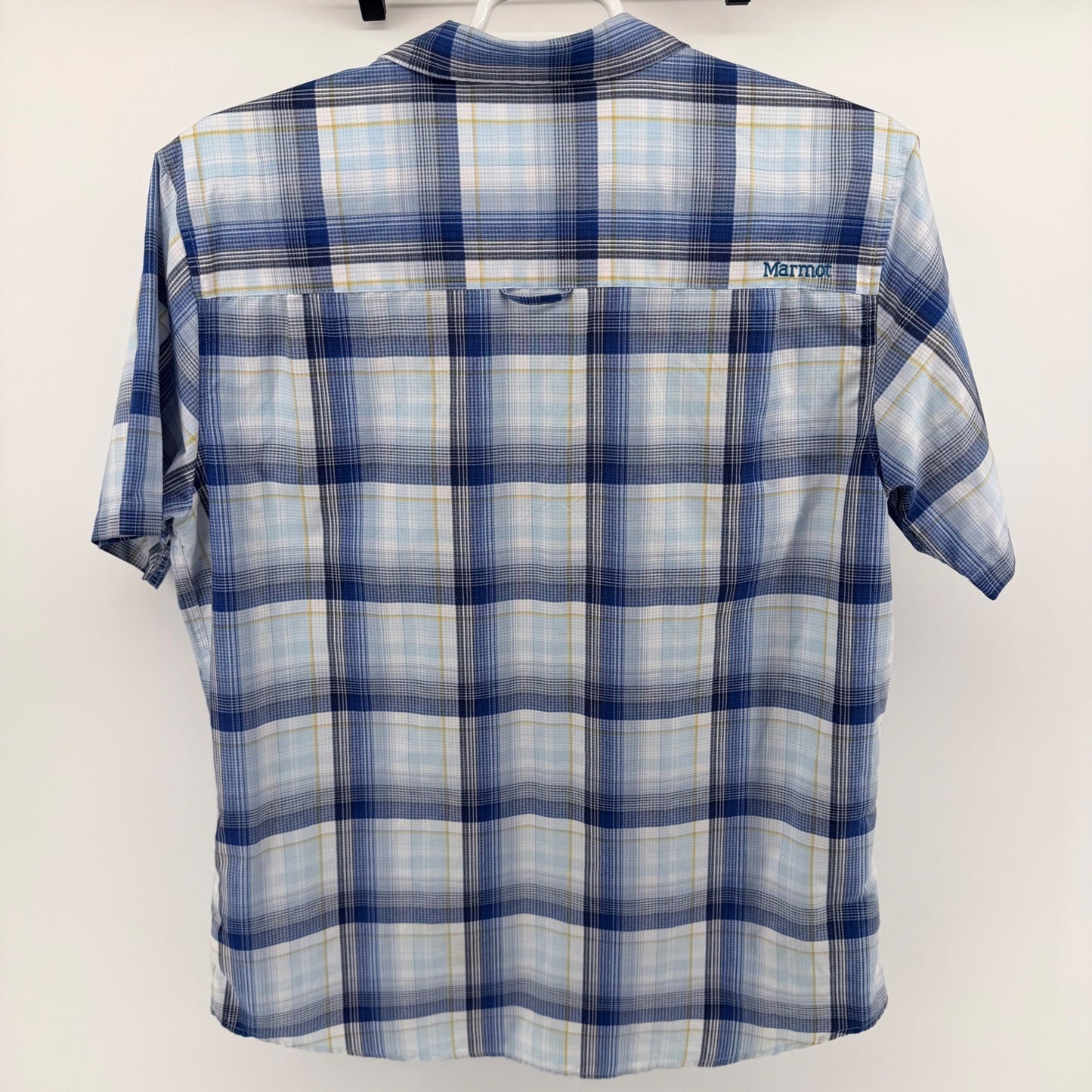 Marmot Plaid Short Sleeve Button Down Shirt Hiking Outdoor Large Blue White
