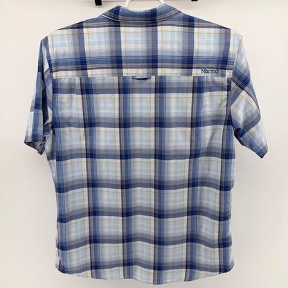 Marmot Plaid Short Sleeve Button Down Shirt Hiking Outdoor Large Blue White