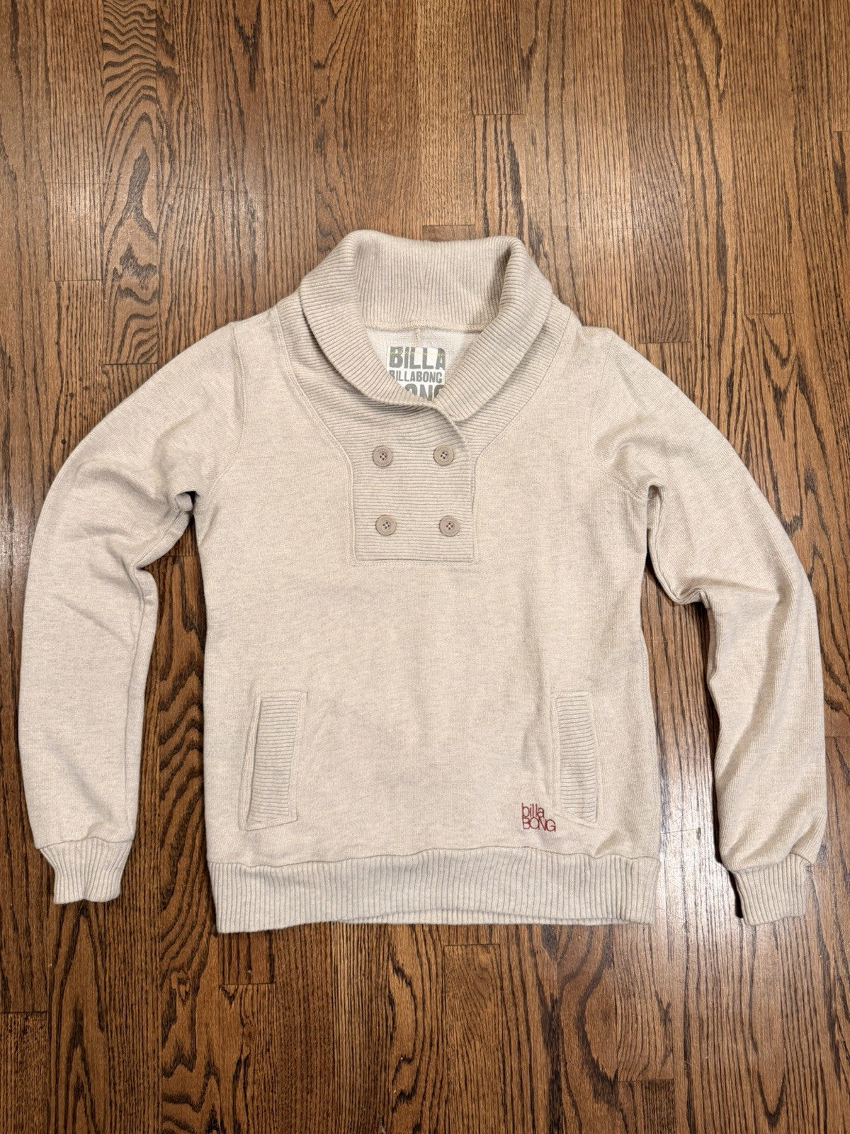 Billabong Sweater Womens Large Beige Button Shawl Collar Pullover Knit Casual