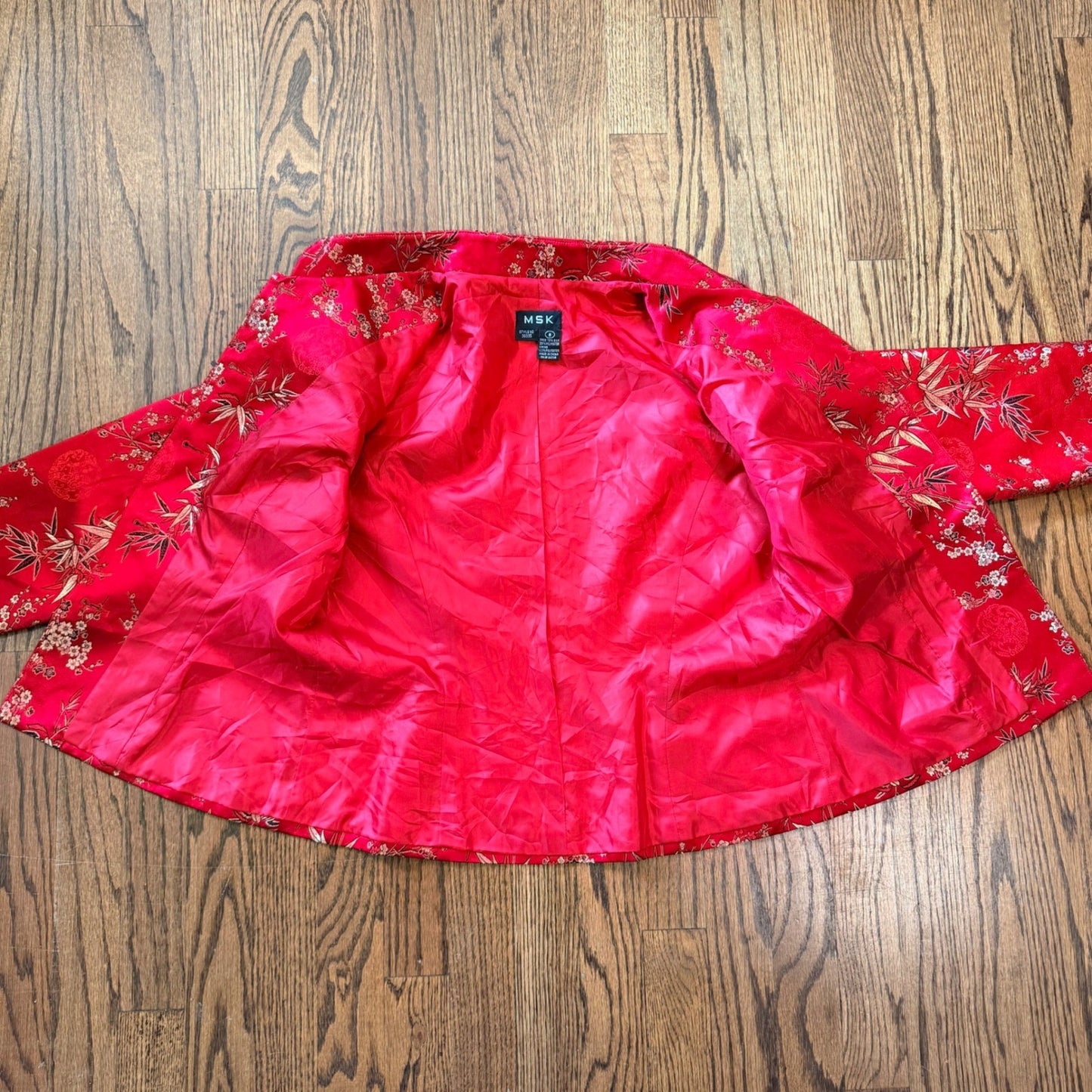 MSK Silk Blend Asian Inspired Floral Bamboo Jacquard Mandarin Jacket 8 Red