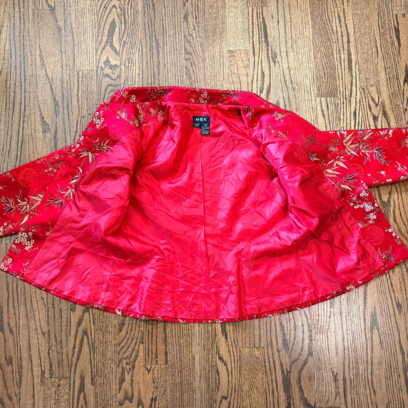 MSK Silk Blend Asian Inspired Floral Bamboo Jacquard Mandarin Jacket 8 Red
