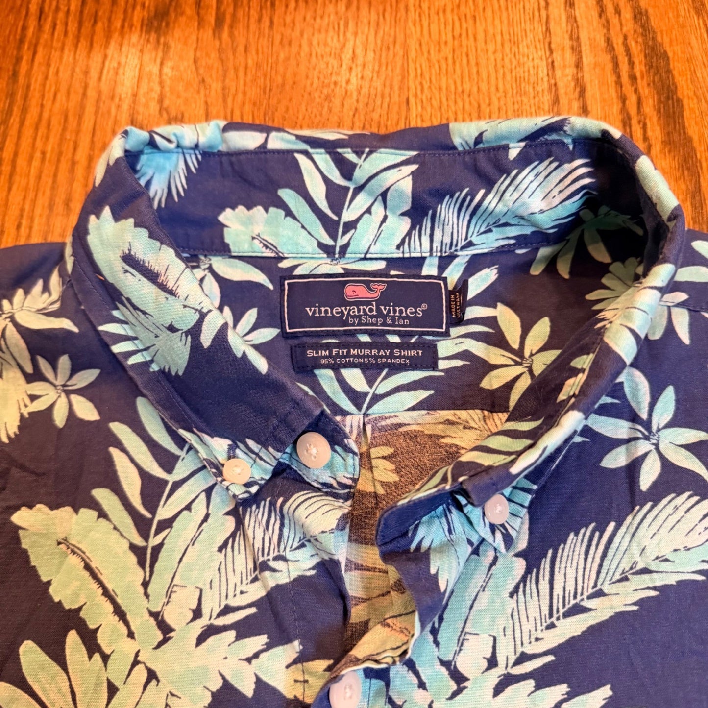 Vineyard Vines Slim Fit Murray Shirt Tropical Leaf Print XL Navy Blue Teal