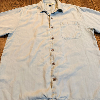 Tommy Bahama Silk Herringbone Shirt M Sage Green Short Sleeve Wood Button Down