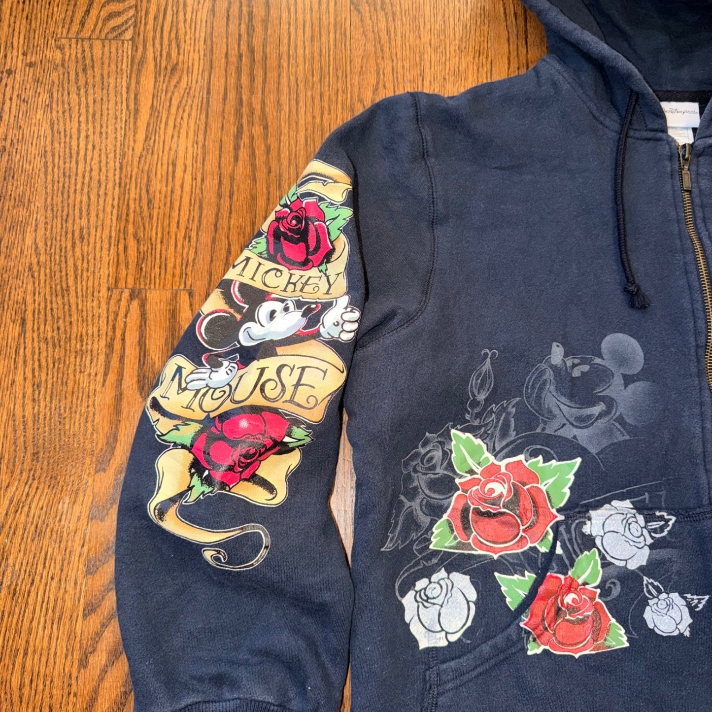 Disney Mickey Mouse Tattoo Rose Zip Hoodie XL Kids Fits Adult Small Navy