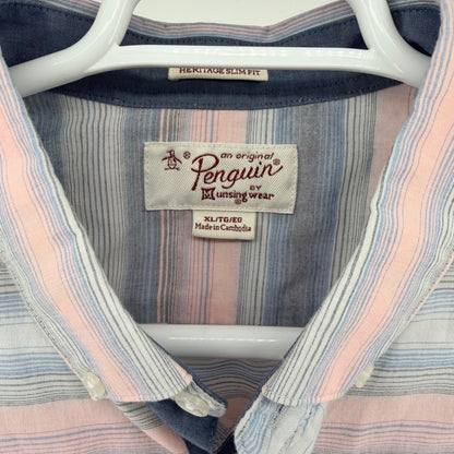 Original Penguin Heritage Slim Fit Striped Short Sleeve Button Down XL Pink Blue