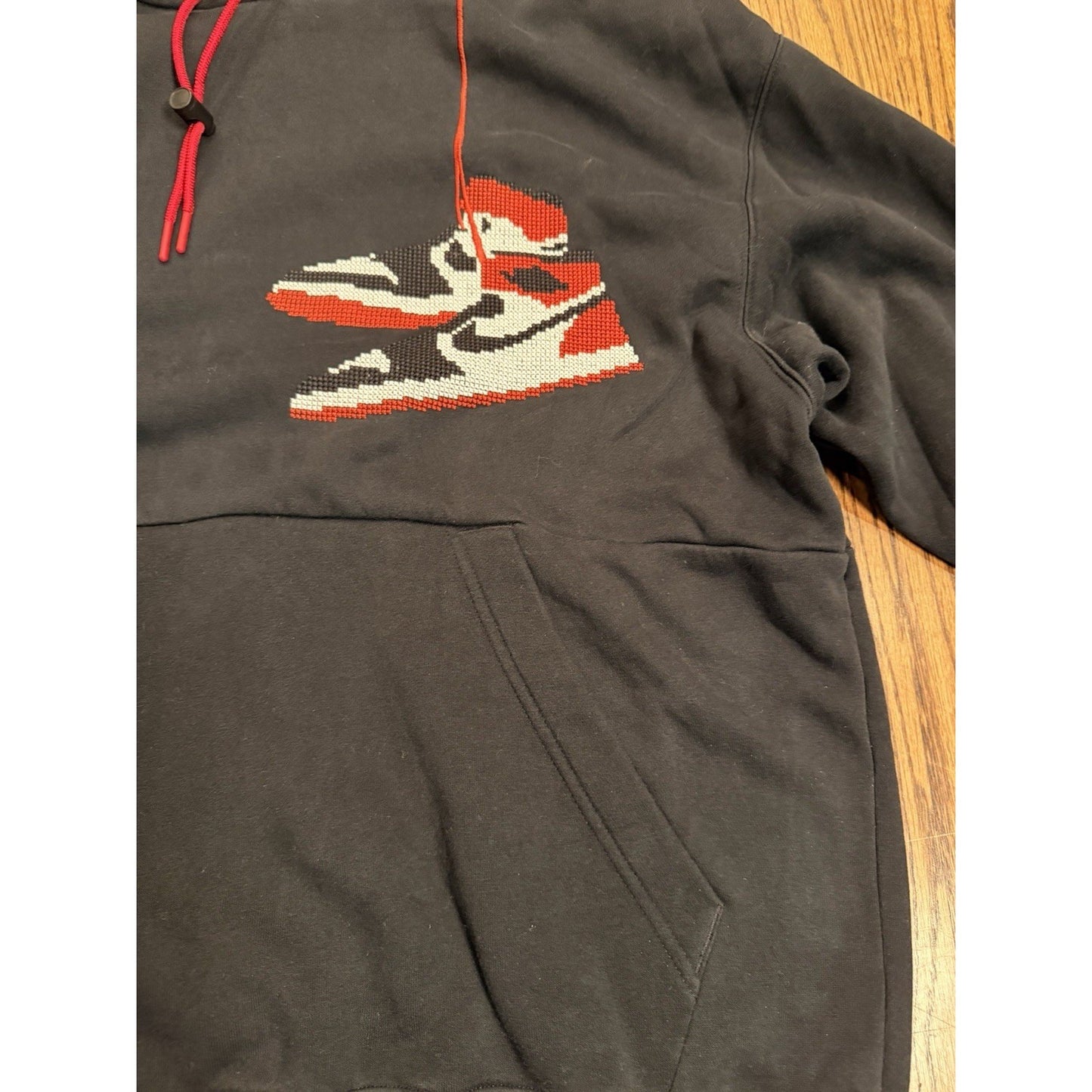Jordan AJ1 Sneaker Graphic Hoodie Chicago Pixel Embroidery Large Black Mens