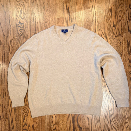 Lands' End 100% Cashmere V-Neck Sweater Soft Knit XL Tan Beige Soft Warm