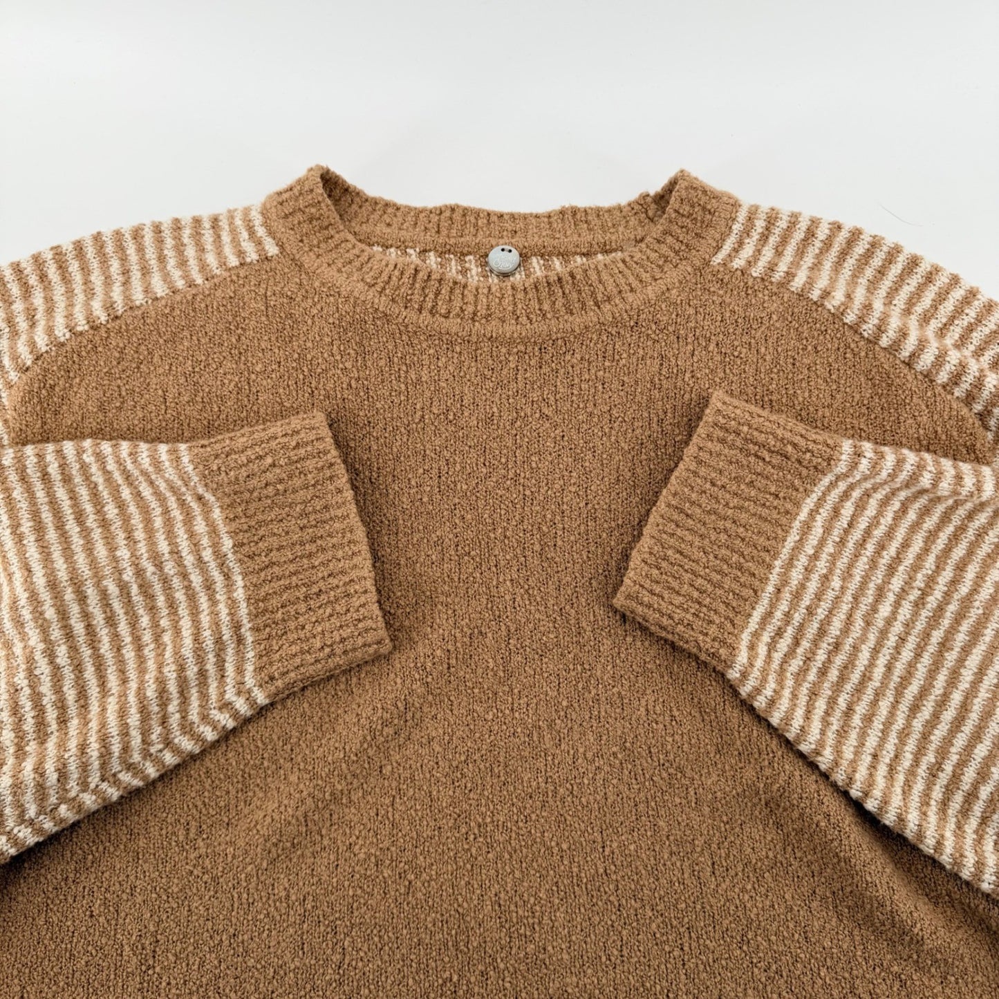 Margaret O'Leary Striped Raglan Boucle Knit Sweater Large Brown Cream Neutral