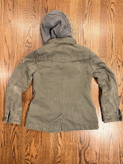 Buffalo Womens Outerwear Green/Grey Parka Denim Jacket Zip Off Hat Size XS