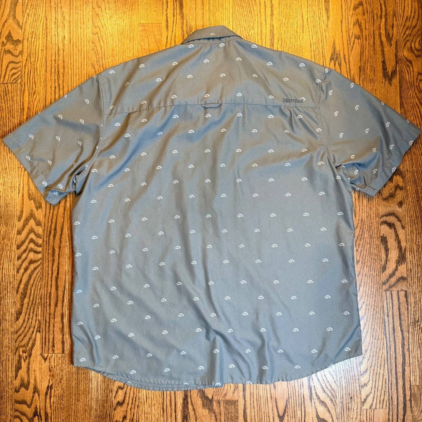 Marmot All Over Tent Print Hiking Shirt Short Sleeve Gray XXL Mens Lightweight