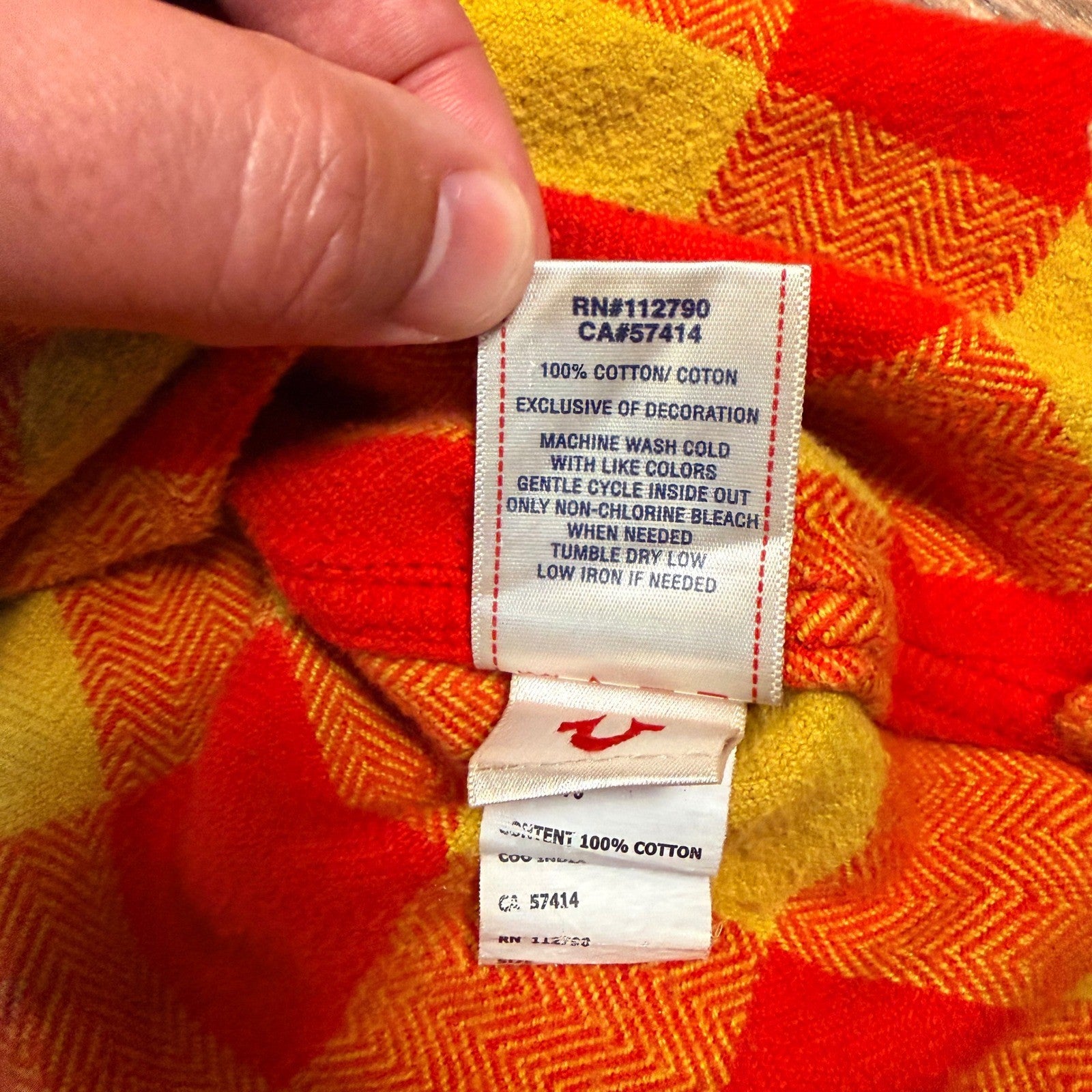 True Religion Buffalo Plaid Flannel Shirt Herringbone Button Down Small Orange