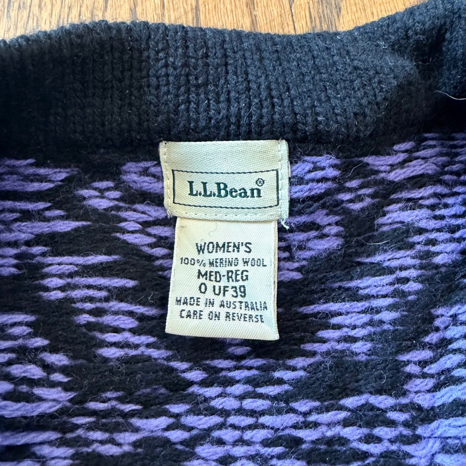 L.L. Bean Merino Wool Nordic Cardigan Fair Isle Snowflake Medium Purple Black