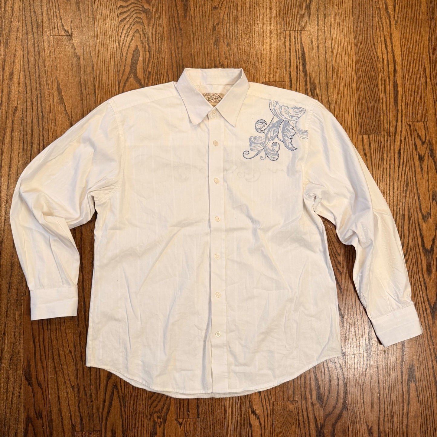 Indigo Joe White Dobby Stripe Graphic Embroidered Button Down Shirt Large White