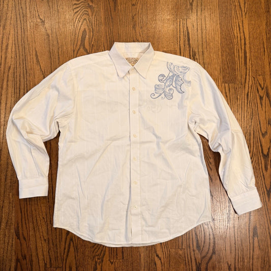 Indigo Joe White Dobby Stripe Graphic Embroidered Button Down Shirt Large White