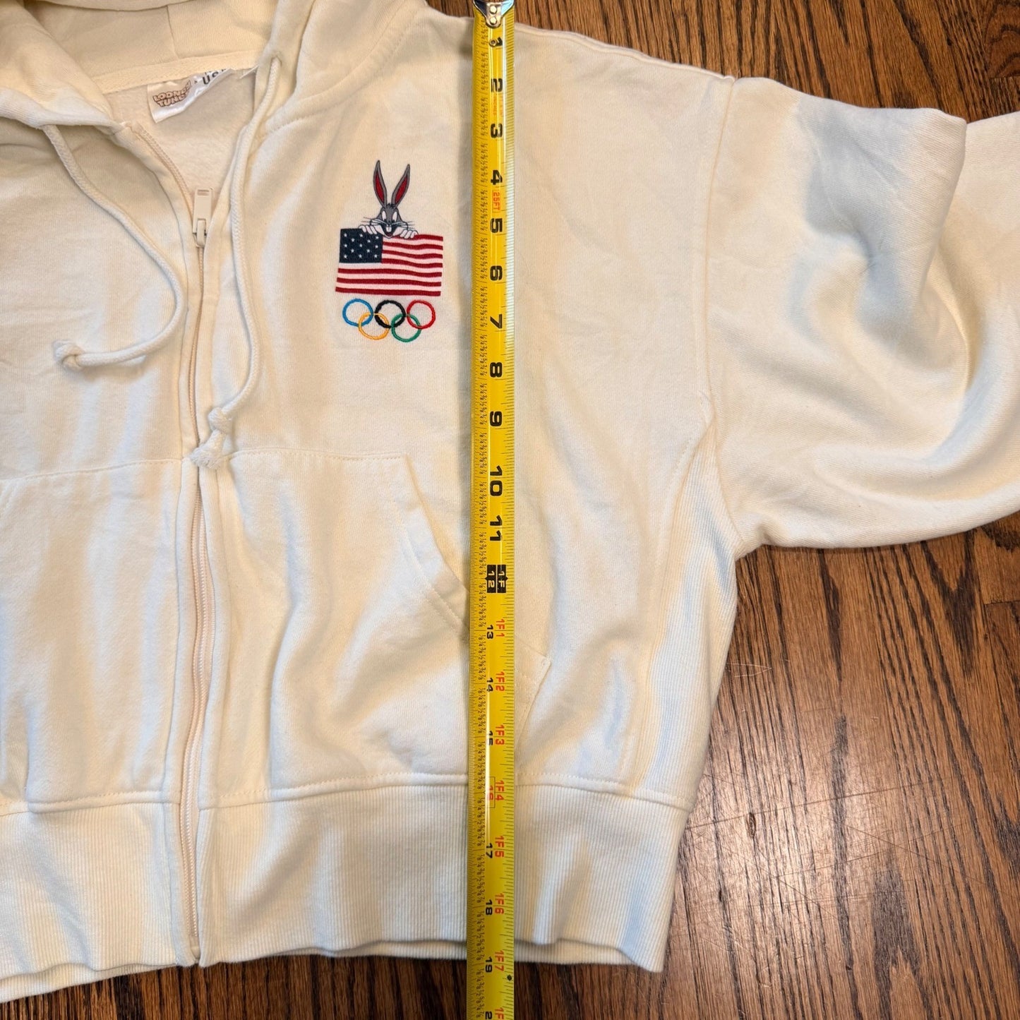 Looney Tunes x Team USA Olympic Zip Up Hoodie Embroidered Cropped Large Cream