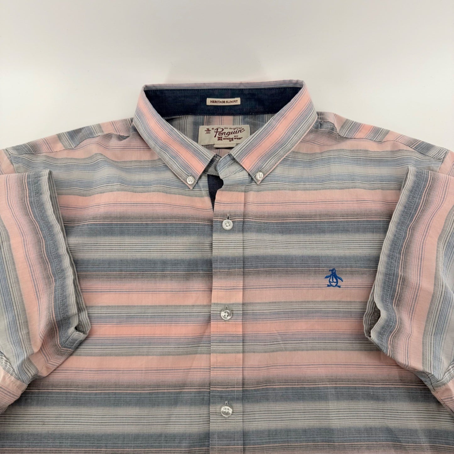 Original Penguin Heritage Slim Fit Striped Short Sleeve Button Down XL Pink Blue