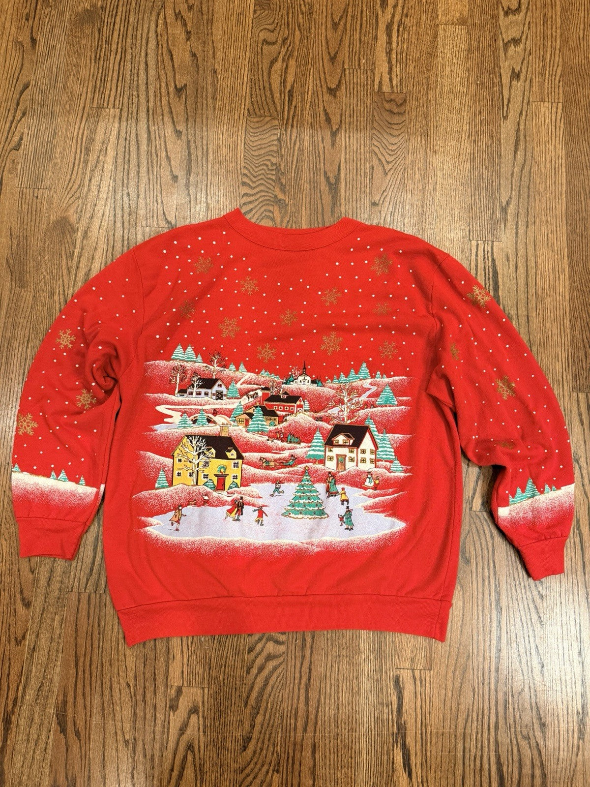 Vintage holiday Village crewneck-women’s XL-Red Christmas Winter Scene-80s