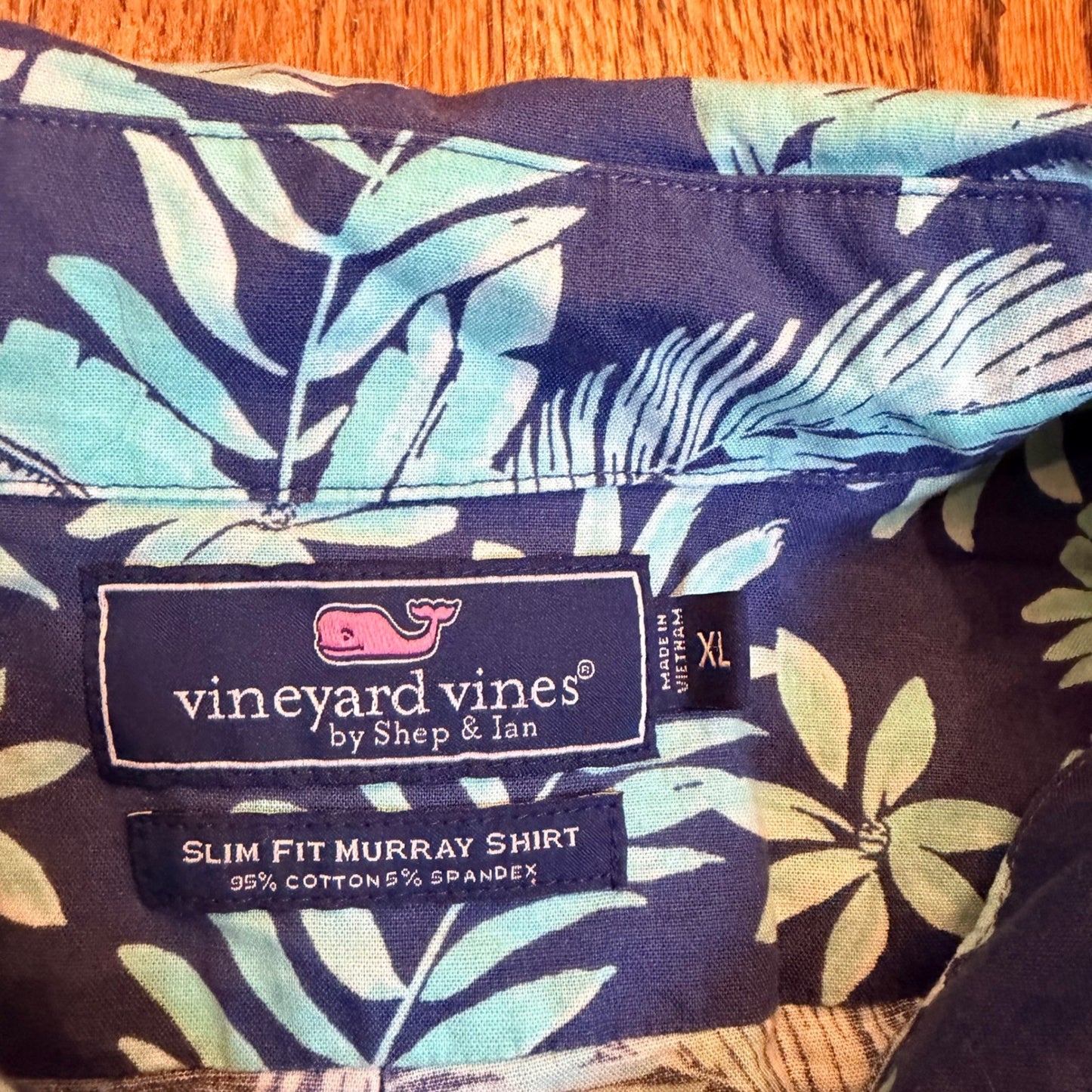 Vineyard Vines Slim Fit Murray Shirt Tropical Leaf Print XL Navy Blue Teal