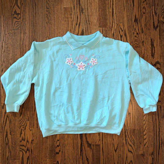 Bold Spirit Woman Vintage Embroidered Floral Sweatshirt 2X Aqua Blue Grandma