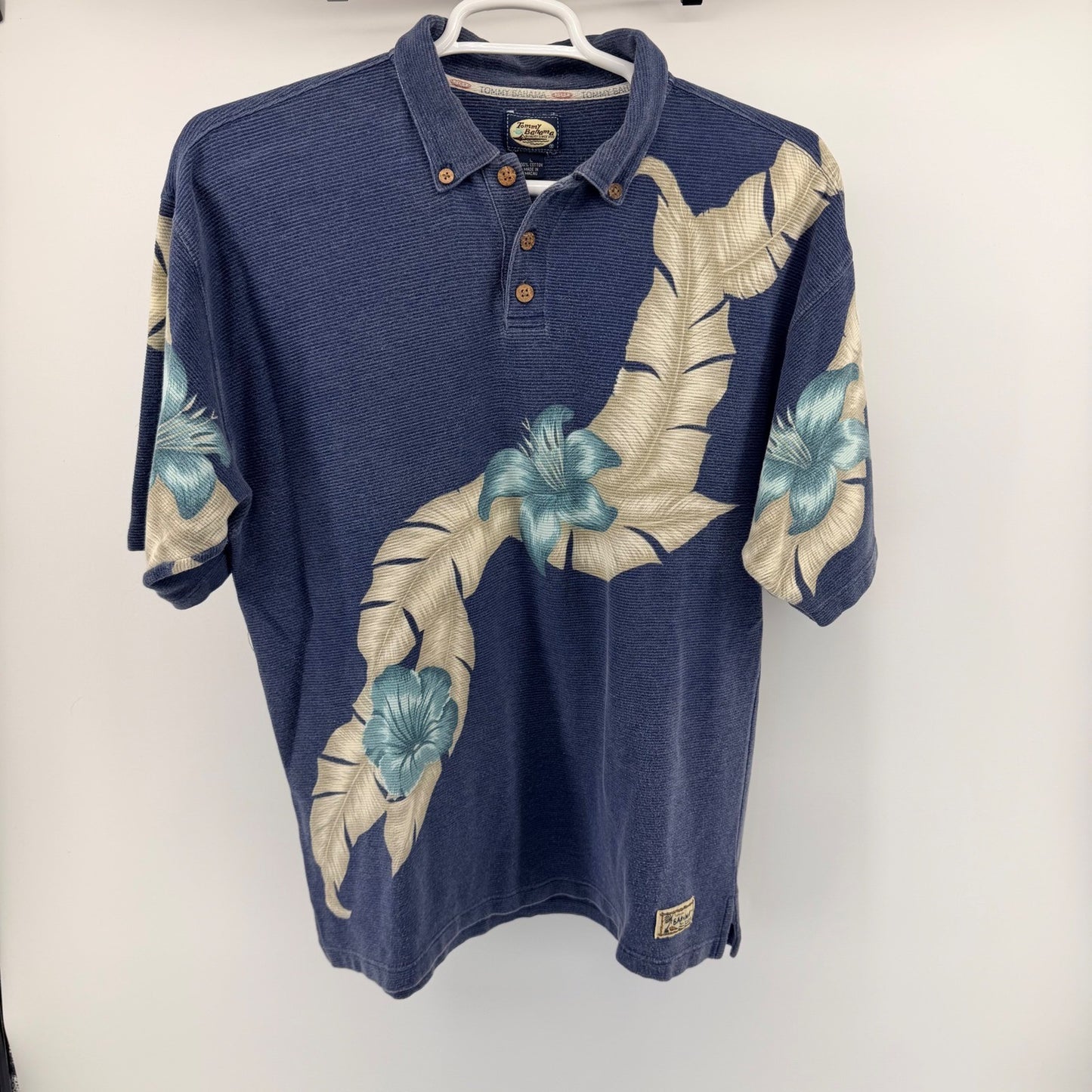 Tommy Bahama Relax Polo Shirt Tropical Floral Palm Ribbed Blue Large L