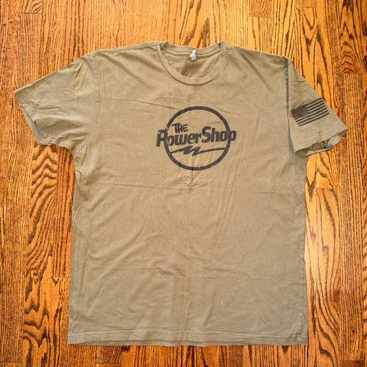 The Power Shop Graphic T-Shirt American Flag Sleeve XL Olive Green