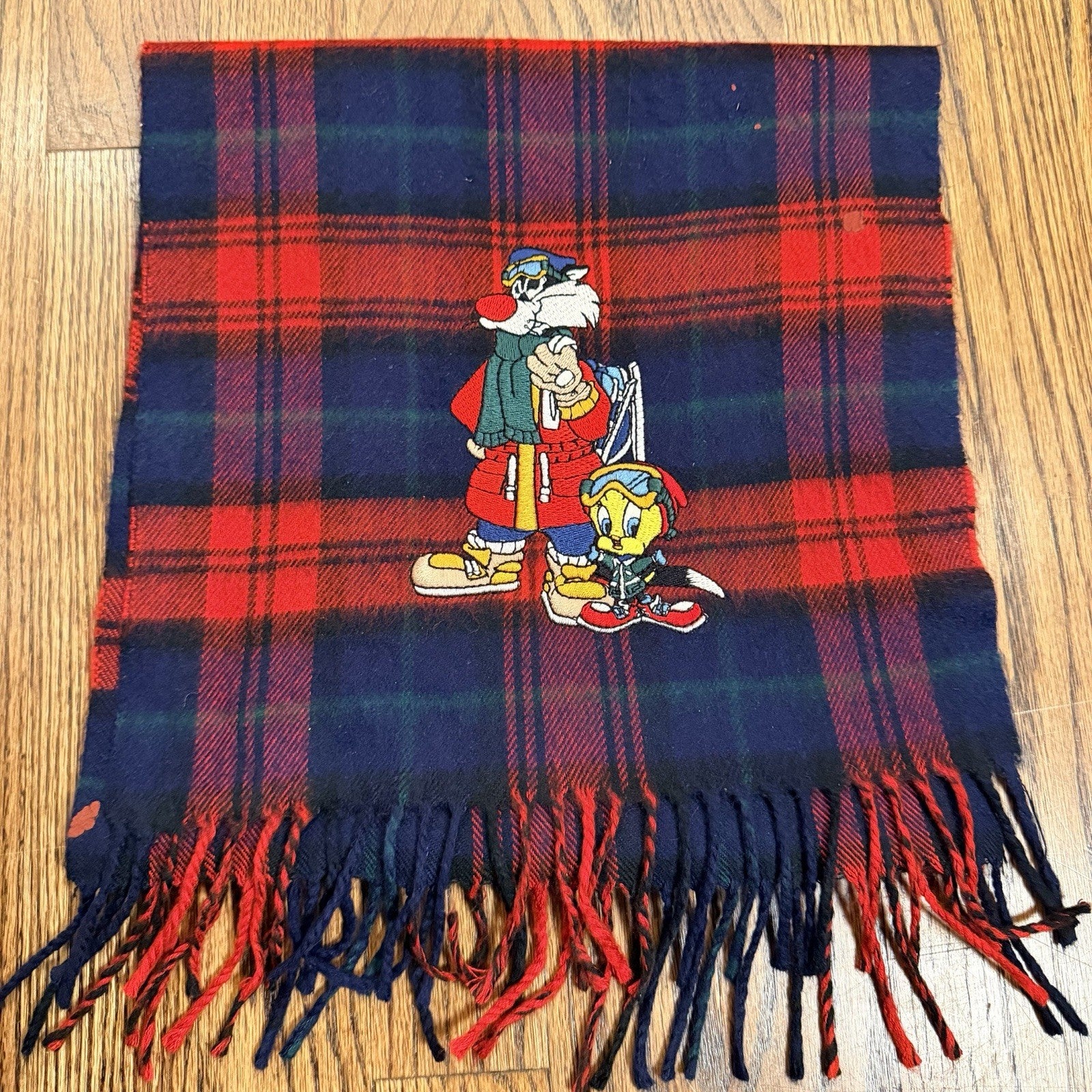 Vtg Acme Clothing Warner Brothers Embroidered Plaid Sylvester Tweety Scarf 1993