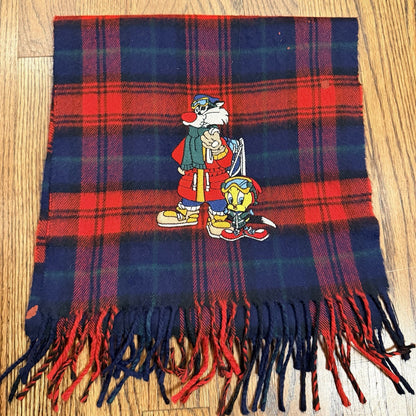 Vtg Acme Clothing Warner Brothers Embroidered Plaid Sylvester Tweety Scarf 1993