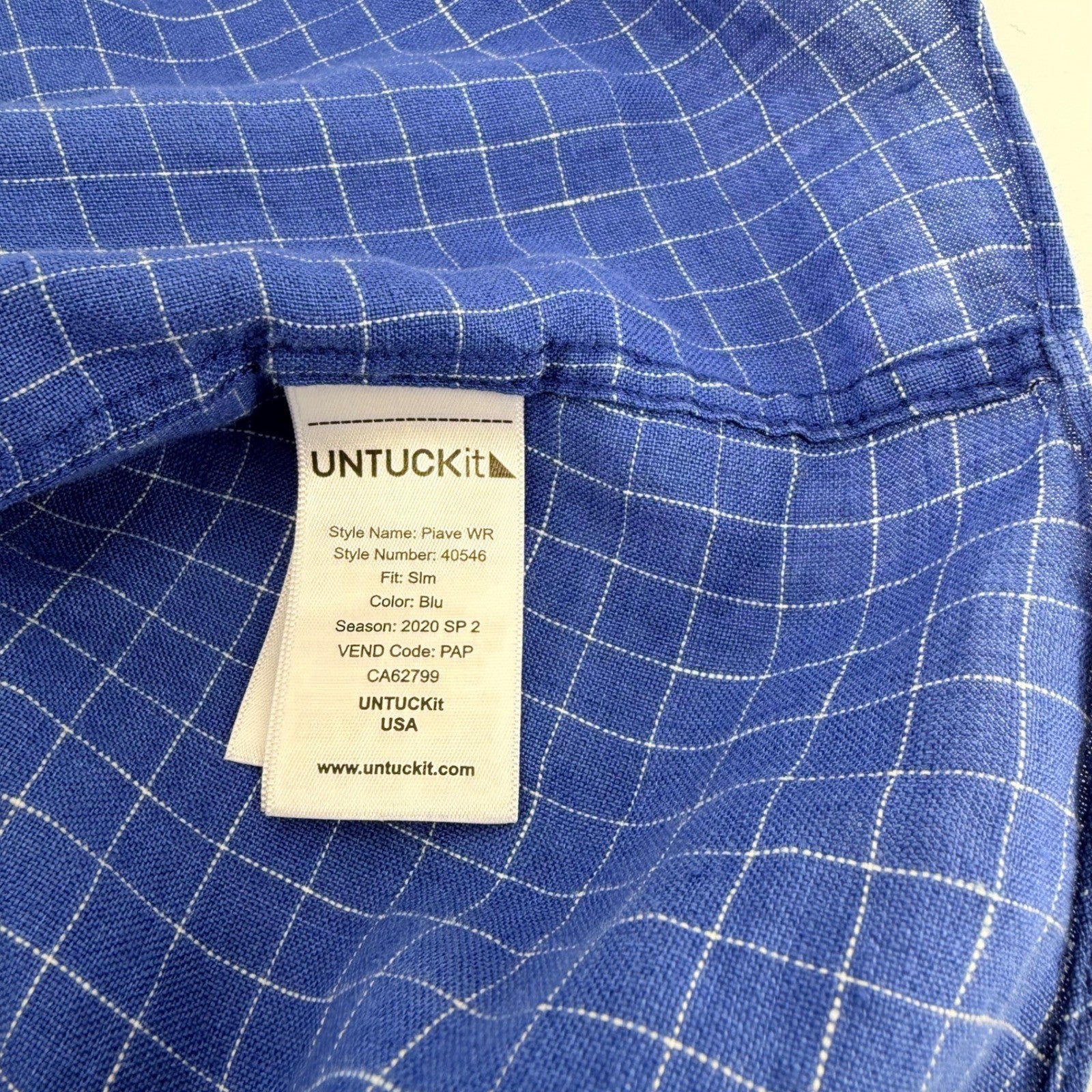 UNTUCKit Piave WR Linen Shirt Windowpane Slim Fit Small Blue Lightweight Casual