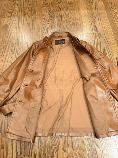 VTG Curly Top Polyvinyl Jacket Womens 11/12 Brown Belted Blazer 80s Urban Safari