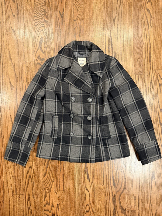 OLD NAVY Women's Gray and Black Plaid Double-Breasted Peacoat Jacket Size Medium
