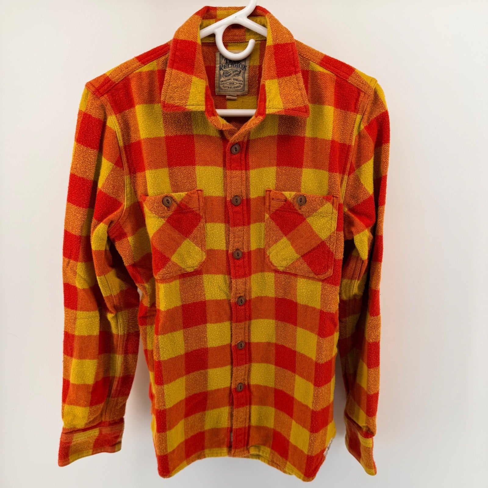 True Religion Plaid Flannel Button Down Shirt Orange Yellow Check Small Layering