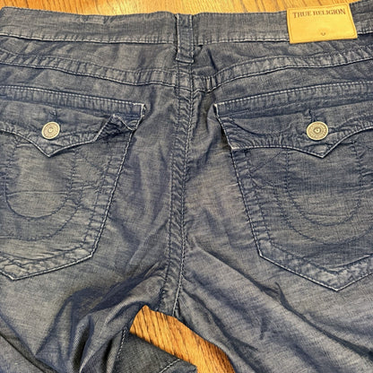 True Religion Ricky Relaxed Straight Cord Pants 36 Blue Horseshoe Flap Pocket