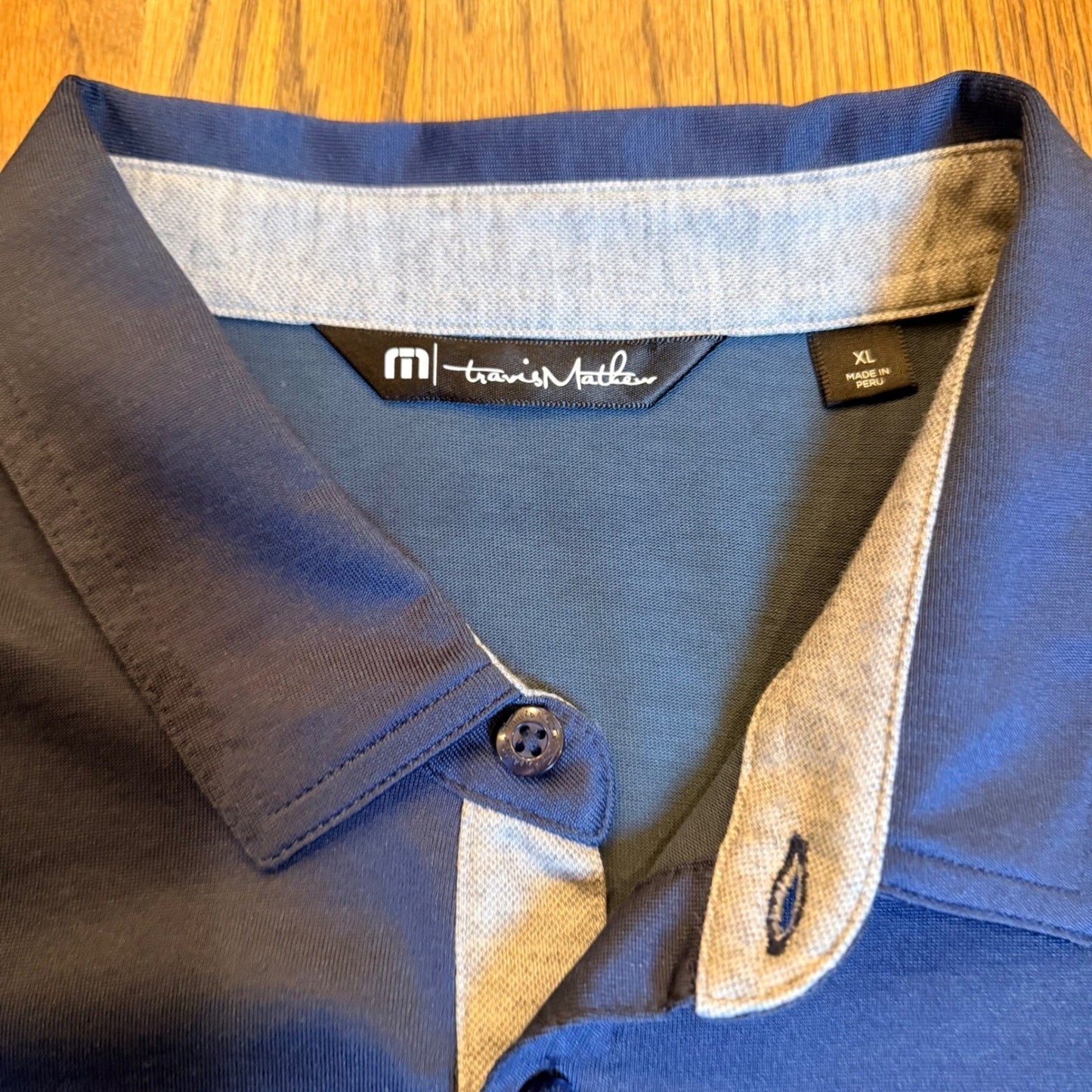 Travis Mathew Performance Golf Polo Shirt Chest Stripe XL Navy Blue Preppy