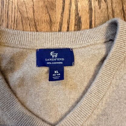 Lands' End 100% Cashmere V-Neck Sweater Soft Knit XL Tan Beige Soft Warm