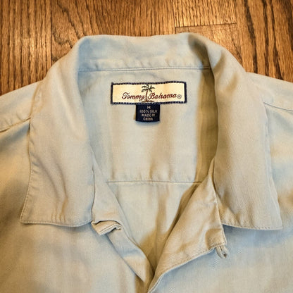 Tommy Bahama Silk Herringbone Shirt M Sage Green Short Sleeve Wood Button Down