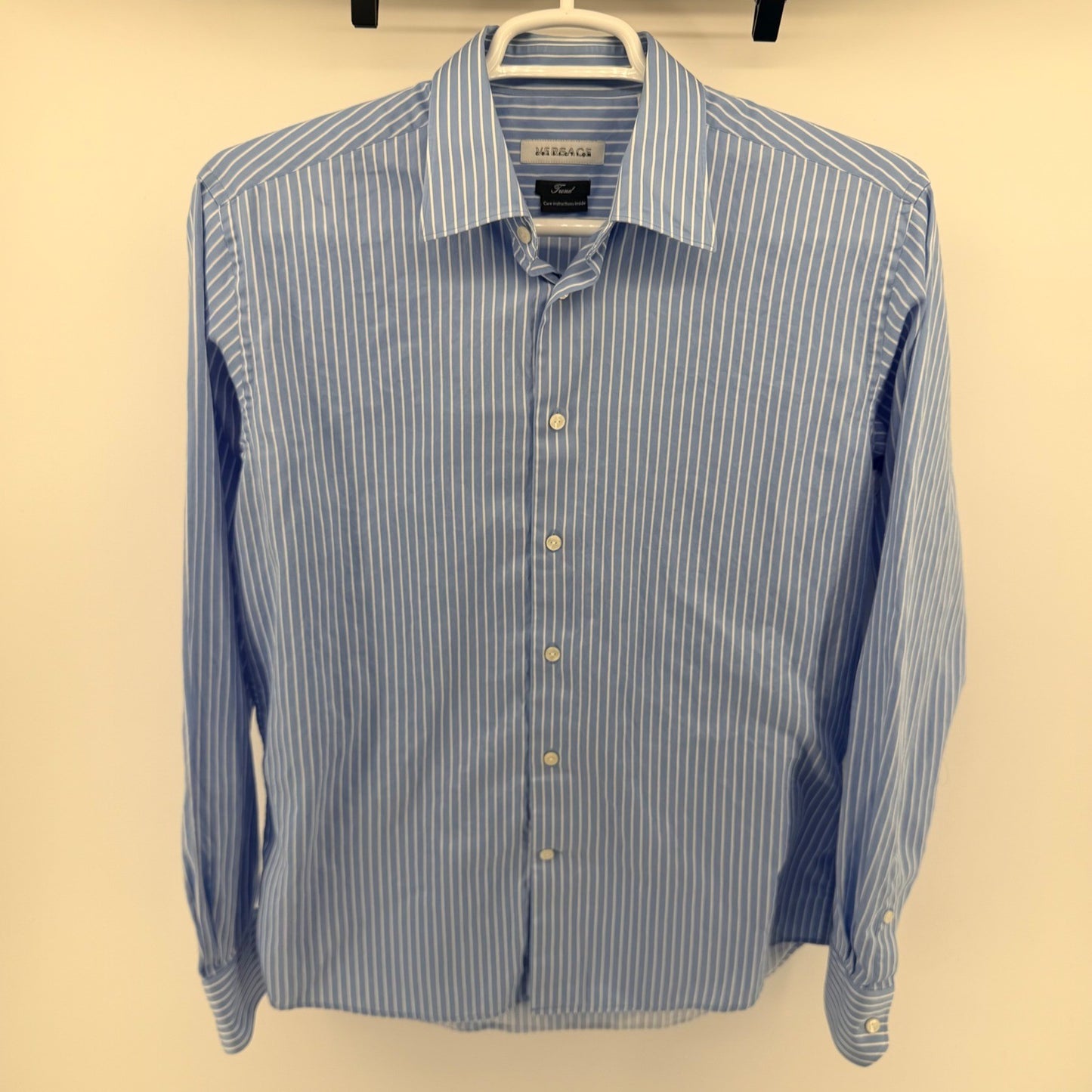 Versace Collection Striped Button Down Slim Fit Luxury Men 43/17 Blue White