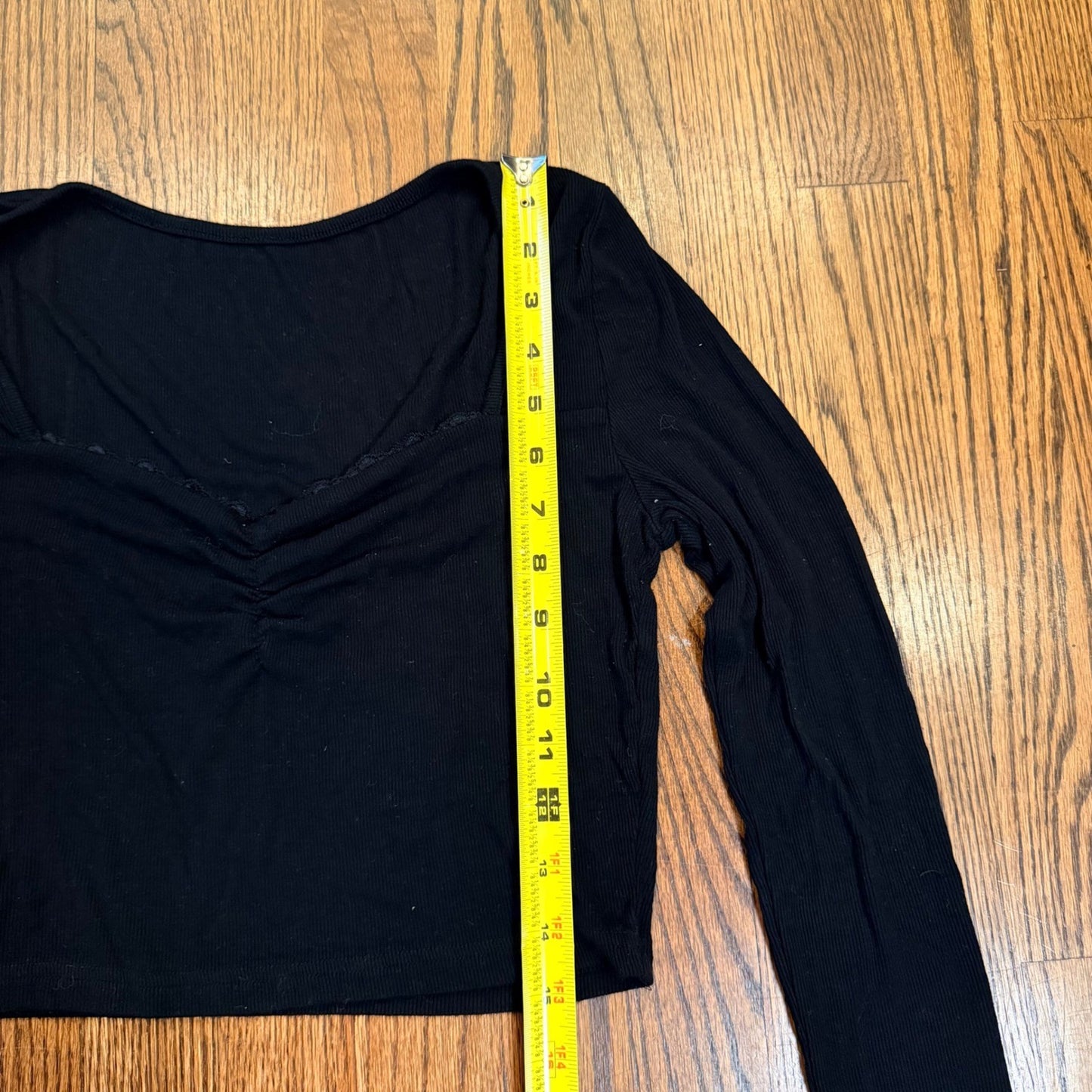 Unbranded Ribbed Long Sleeve Crop Top Sweetheart Neck Cinched Black S