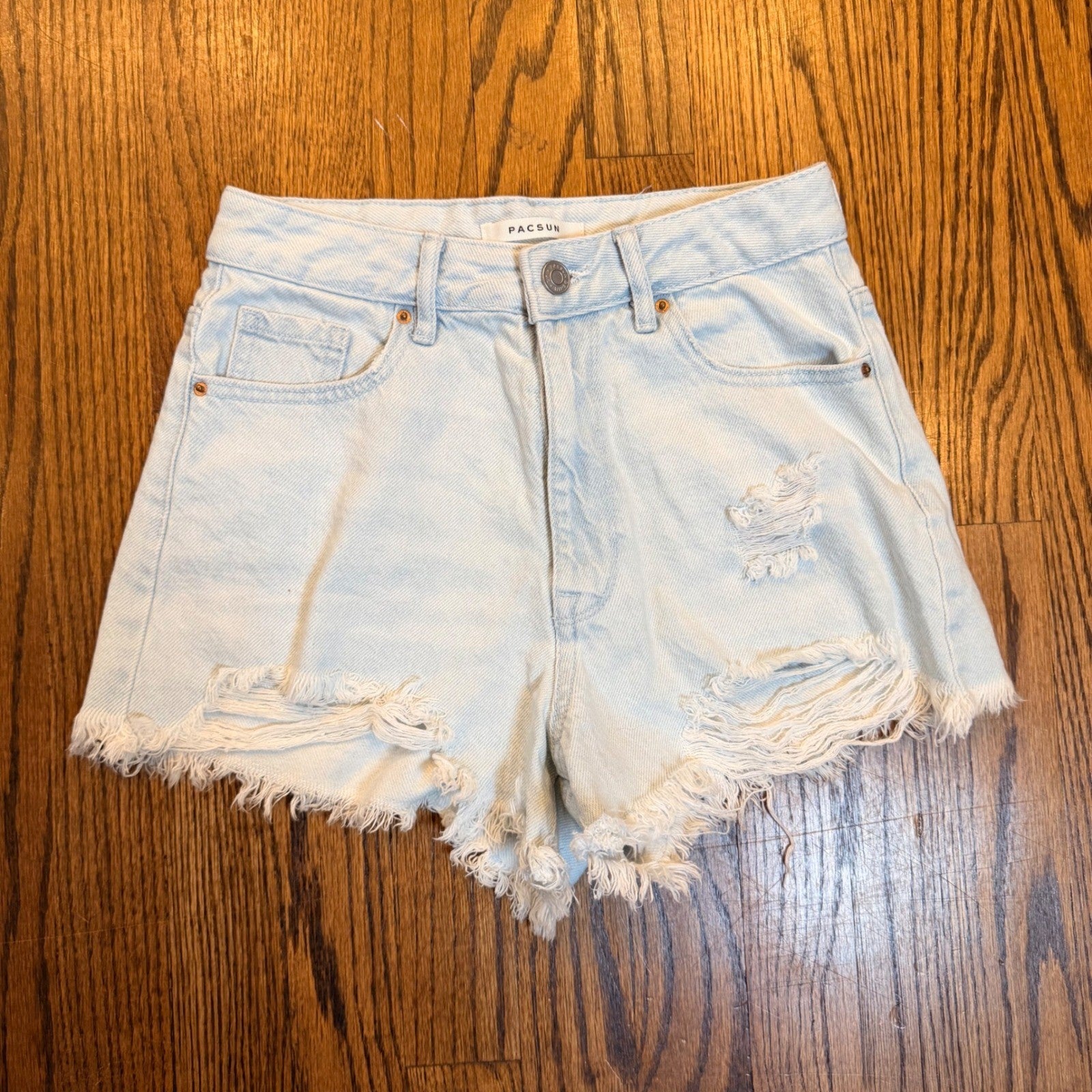 PacSun High Rise Distressed Denim Shorts Frayed Hem 25 Light Wash Blue