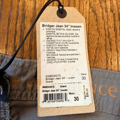 Prana Bridger Jean Slim Fit Organic Stretch Denim Pants 30x34 Gravel Grey NWT