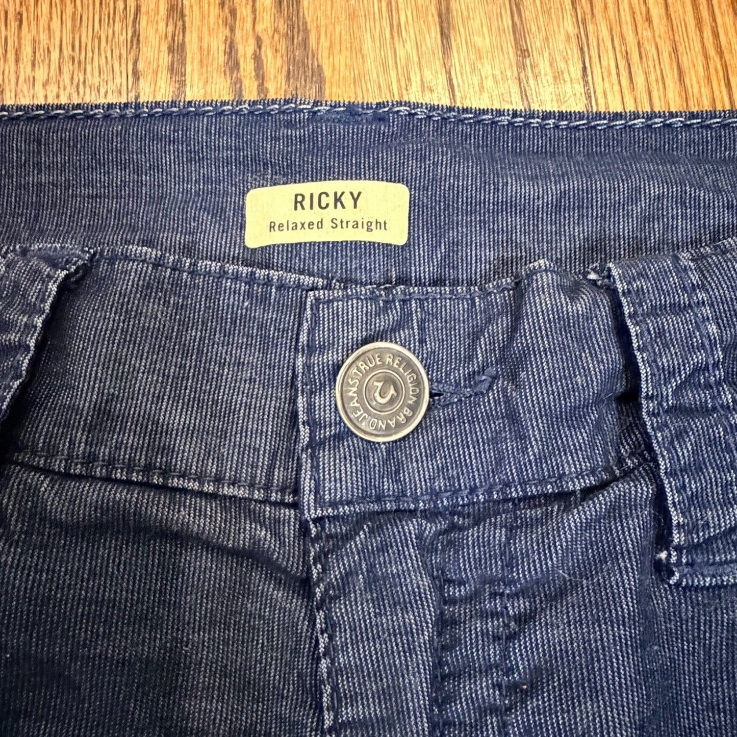 True Religion Ricky Relaxed Straight Cord Pants 36 Blue Horseshoe Flap Pocket