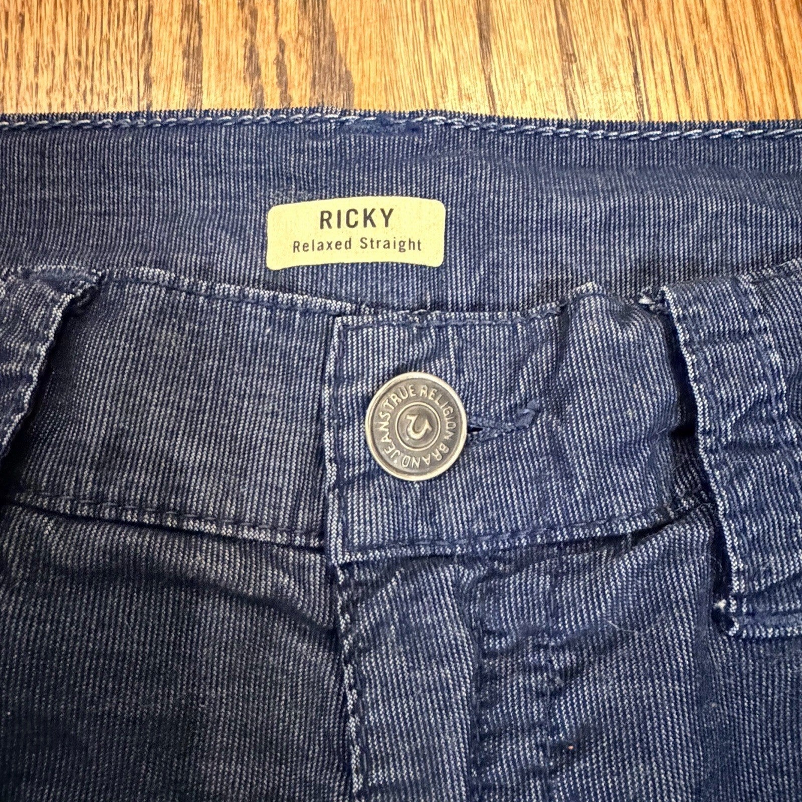 True Religion Ricky Relaxed Straight Cord Pants 36 Blue Horseshoe Flap Pocket