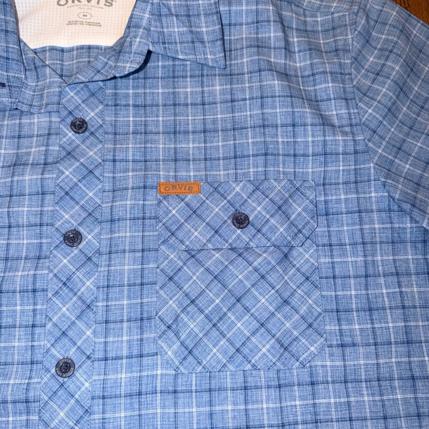 Orvis Classic Collection Short Sleeve Plaid Fishing Hiking Shirt Medium Blue
