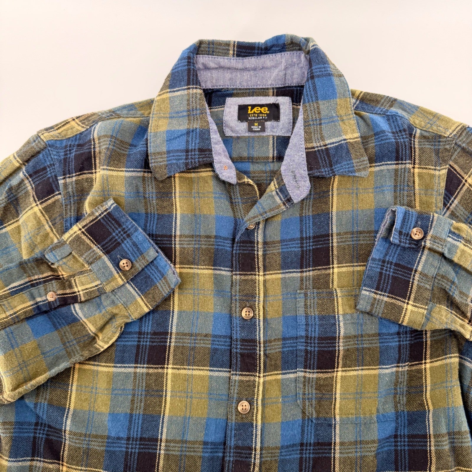 Lee Regular Fit Flannel Shirt Plaid Long Sleeve Workwear Casual Med Blue Olive