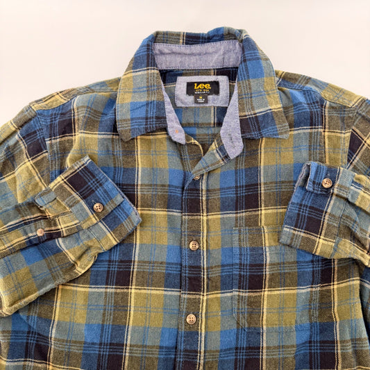Lee Regular Fit Flannel Shirt Plaid Long Sleeve Workwear Casual Med Blue Olive