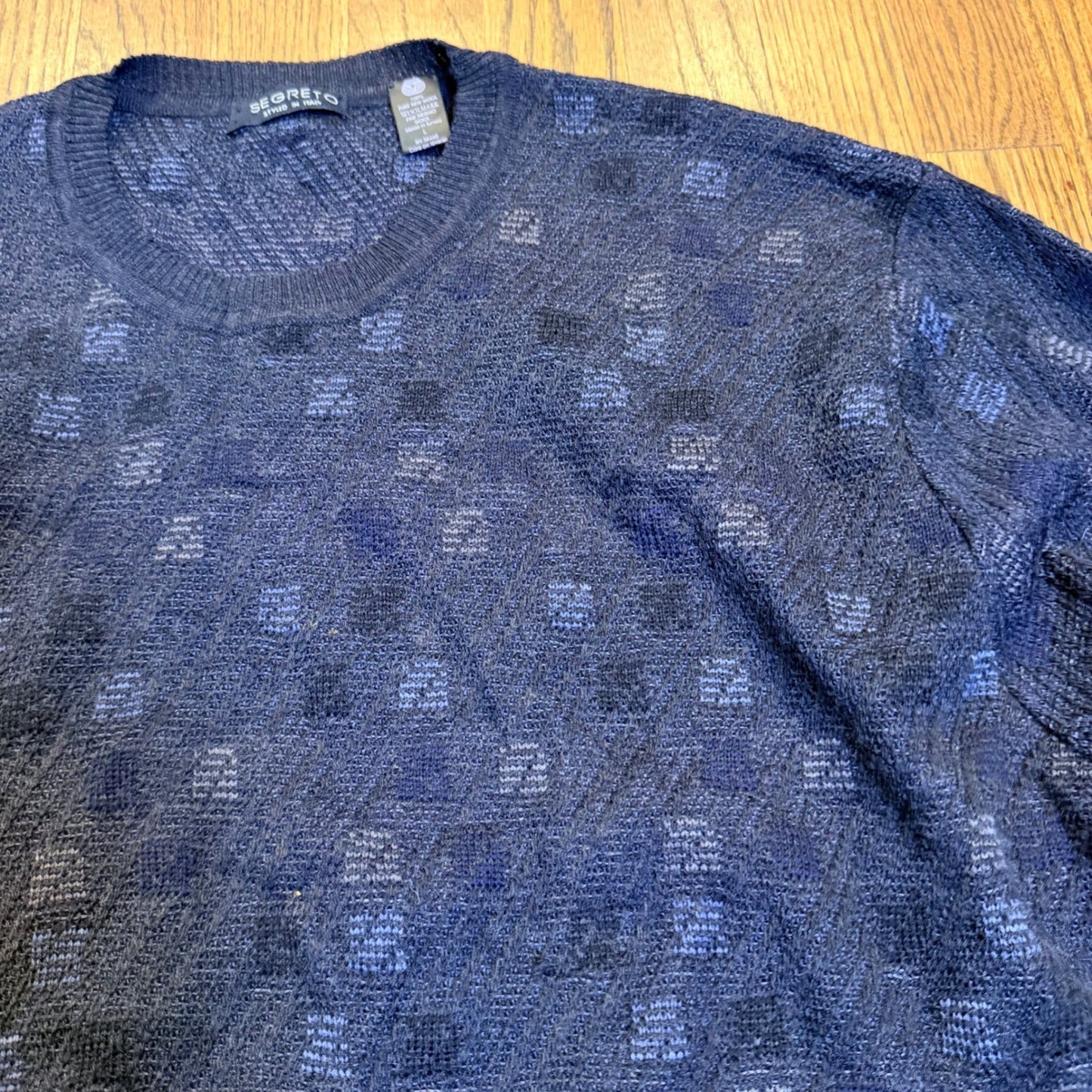Segreto Merino Wool Crewneck Sweater Textured Geometric Knit Large Navy Blue